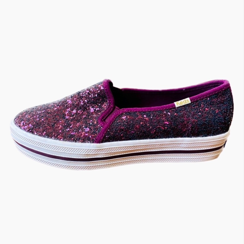 Kate Spade + Keds Women’s New Purple/Burgundy Glitter Platform Slip-On Sneakers